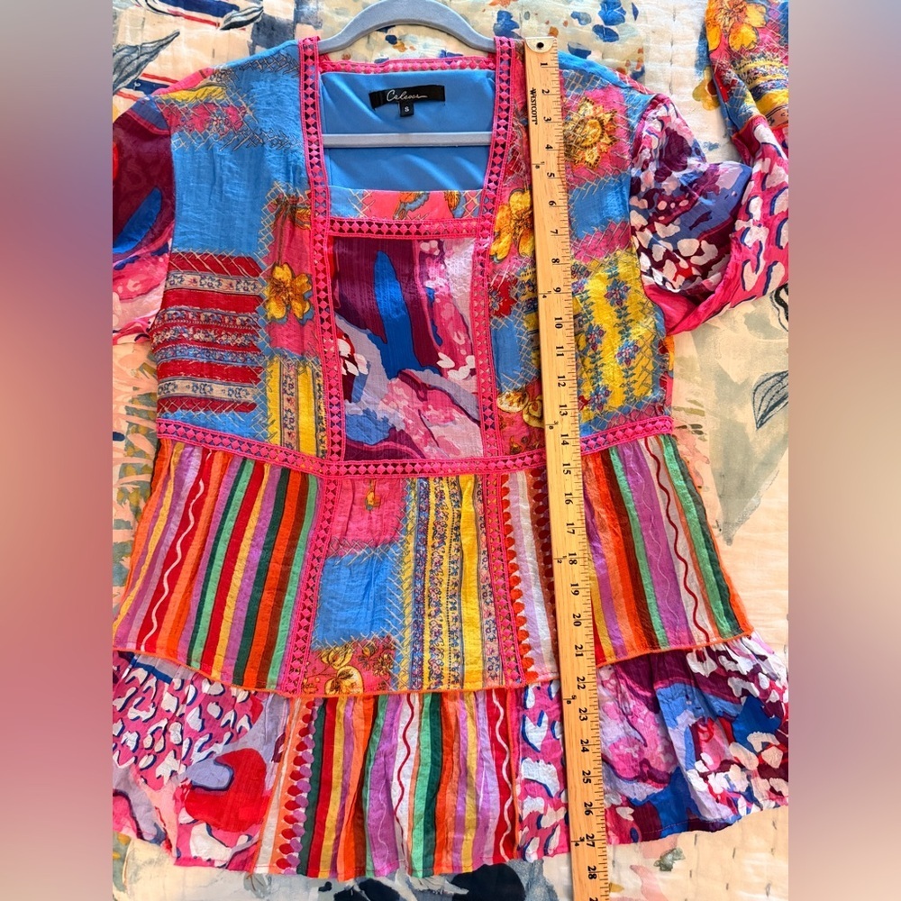 CALESSA S Fiesta Patchwork Print Boho Square-Neck 3/4 Bell Cuff Sleeve Blouse - Picture 11 of 13